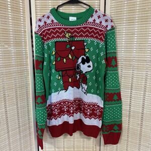 Peanuts Christmas Sweater Men's Medium (38-40) Snoopy Woodstock Lights